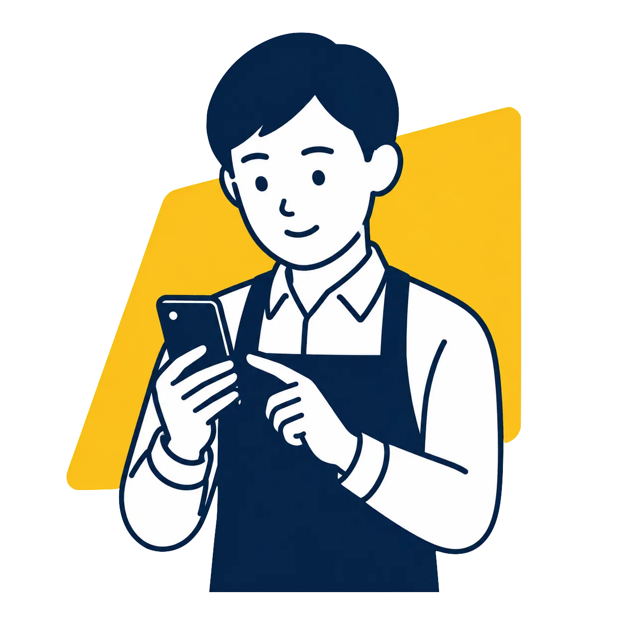 スマホで楽しそうに更新している店主のイラスト