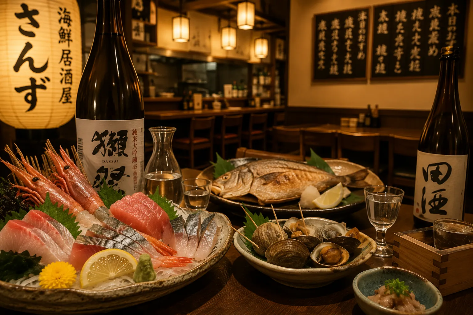 海鮮居酒屋さんずの料理と店内